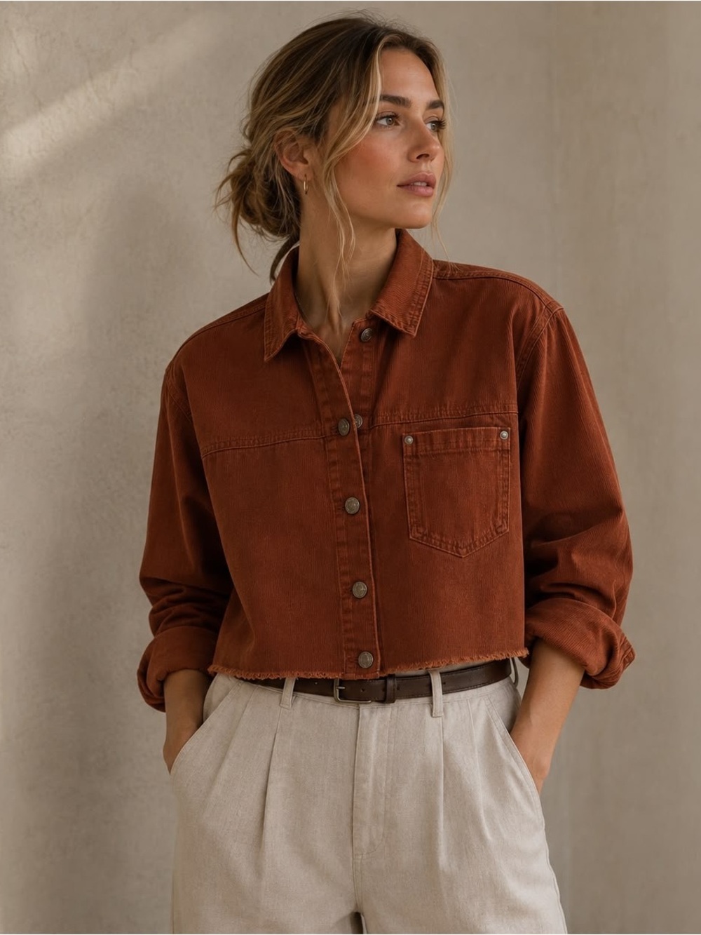 Forever 21 Rust Brown Corduroy Cropped Raw Hem Jacket S